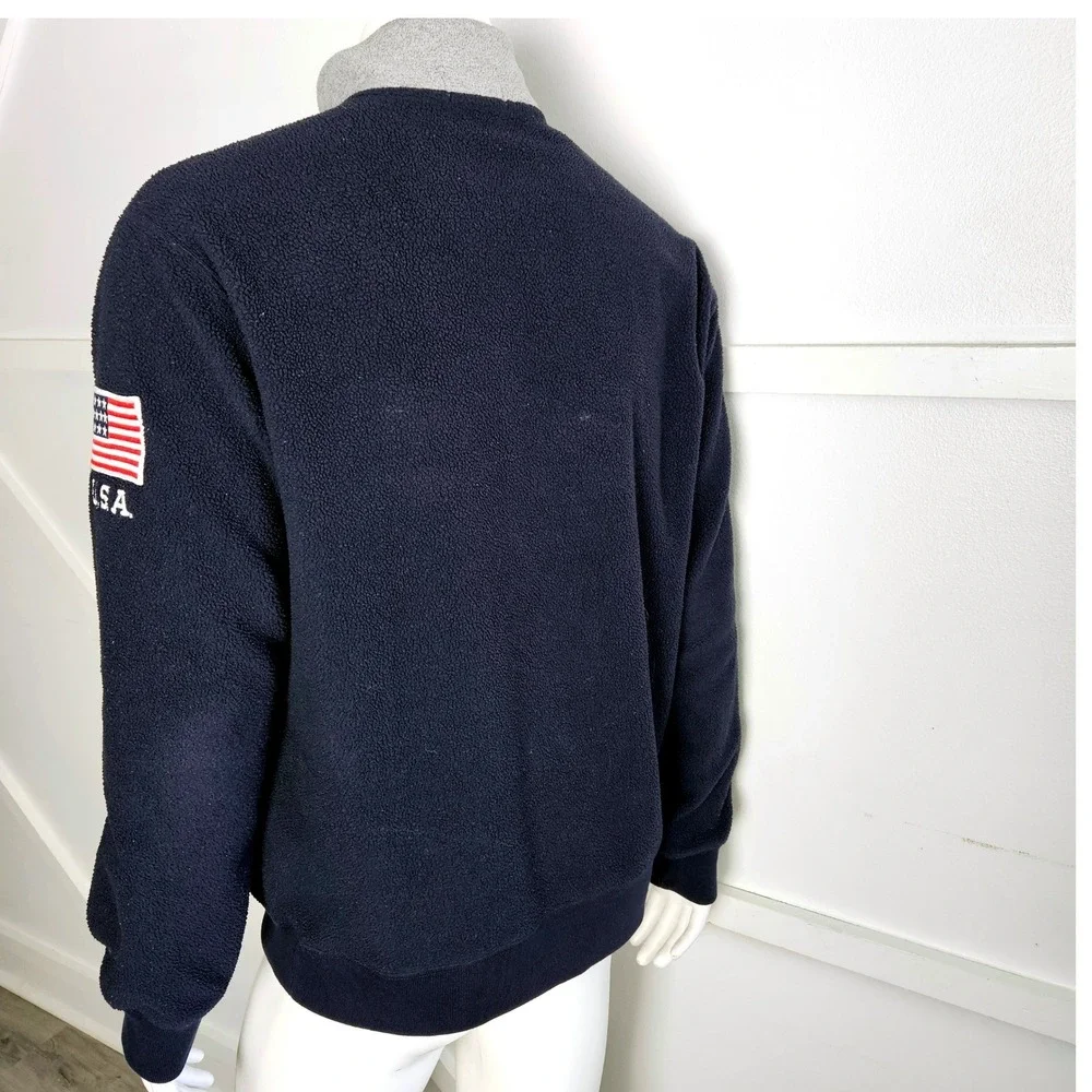 Polo Ralph Lauren Mens Navy Blue Fleece Quarter Zip Pullover USA Flag Patch L